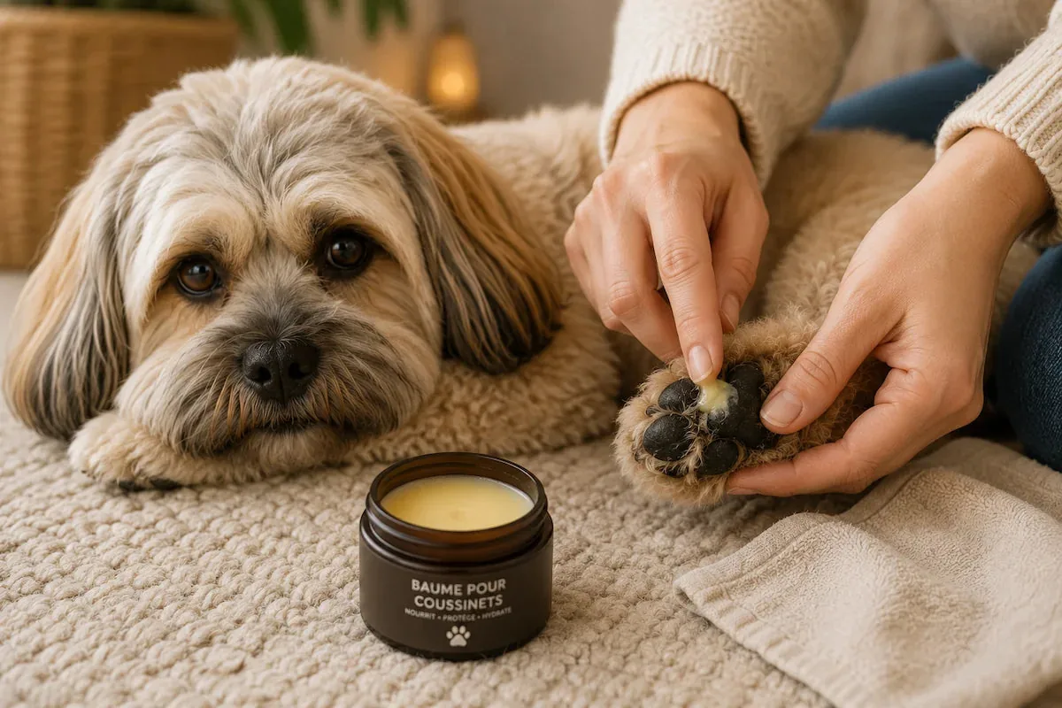 Application d'un baume sur les coussinets d'un chien
