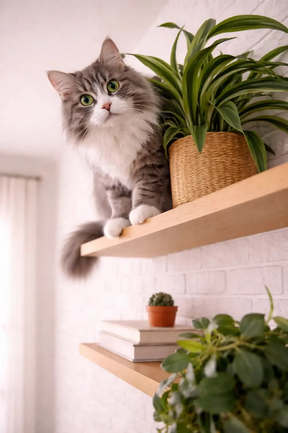 Cat climbing on a shelf