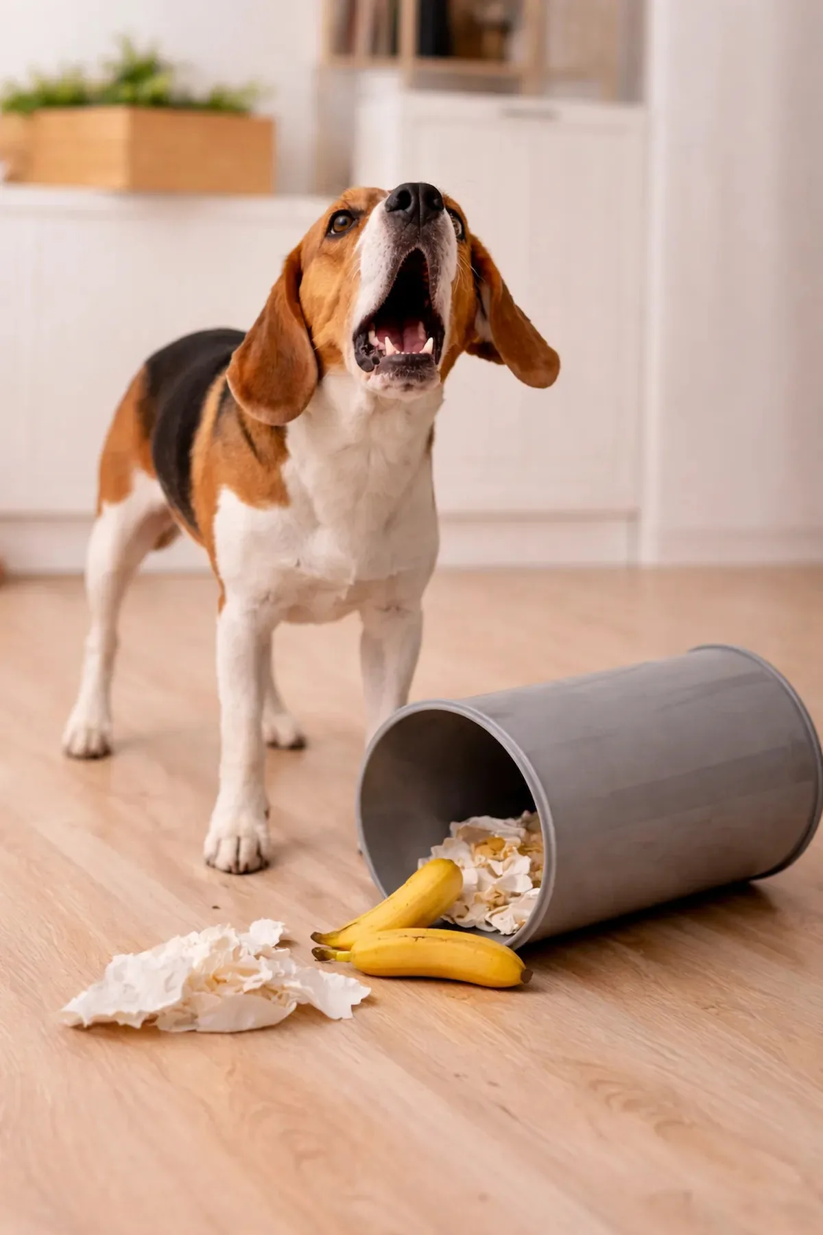 Dog barking in front of a garbage can with dangerous foods