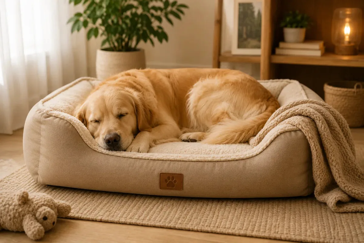 Chien reposant confortablement dans son lit orthopédique à la maison.