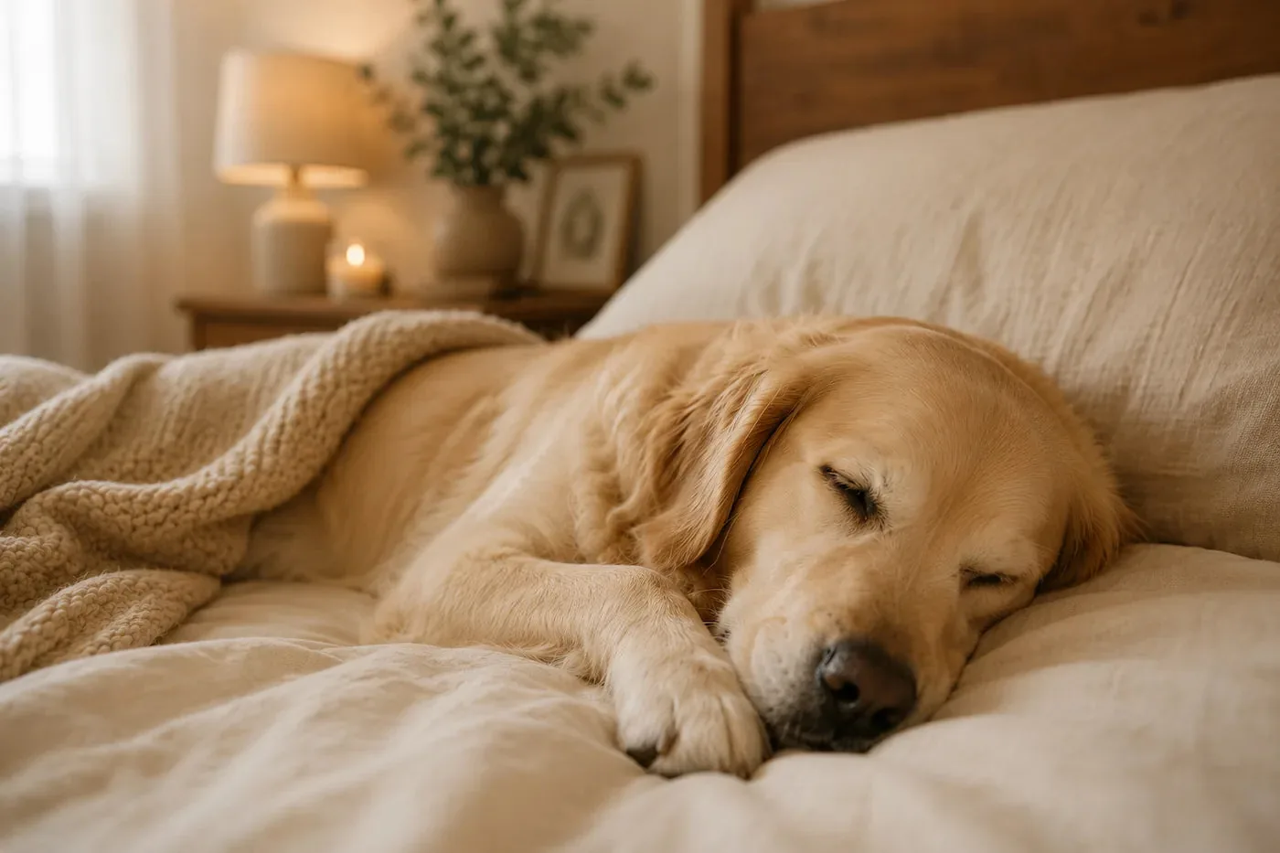 Chien dormant paisiblement sur un lit dans une chambre chaleureuse