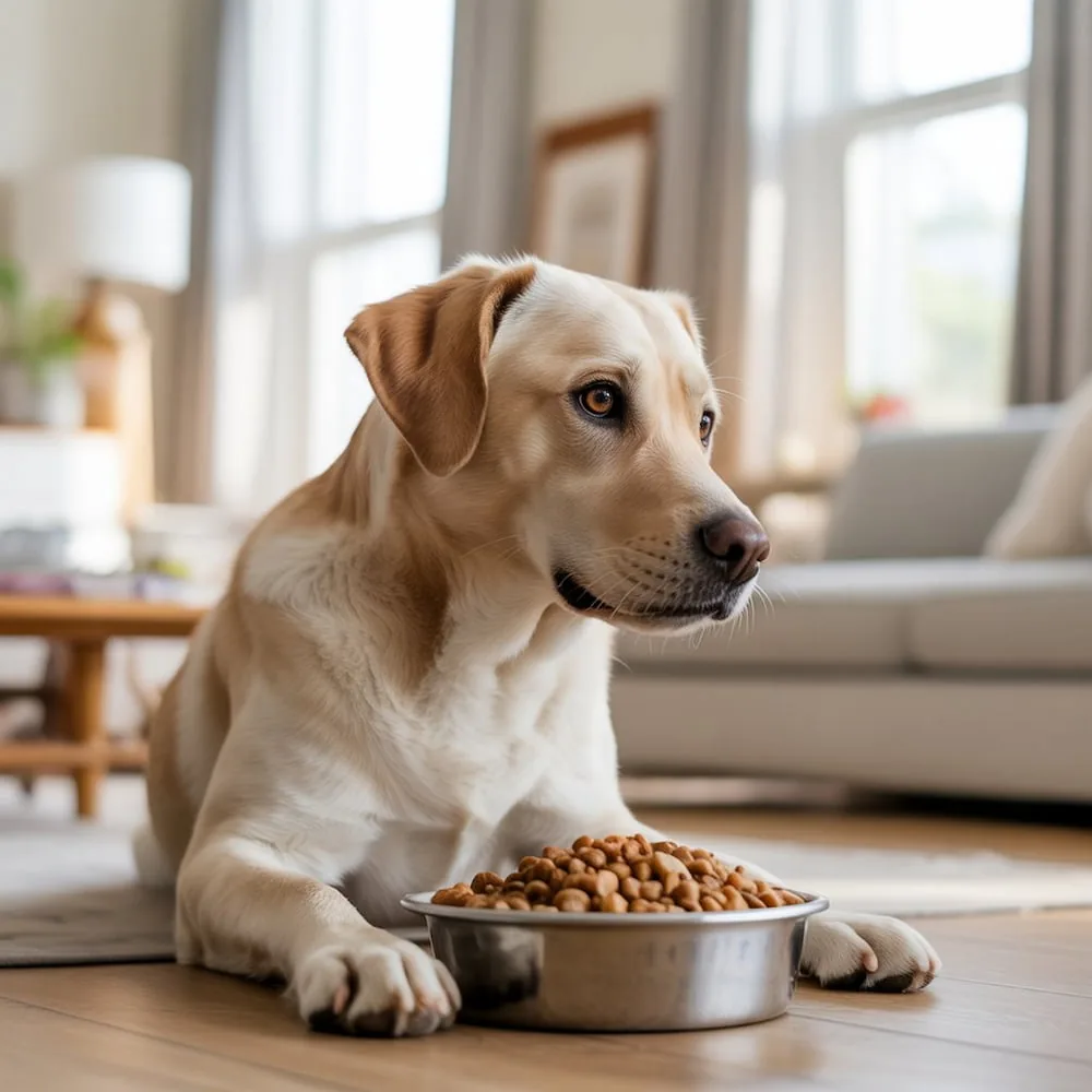 Dog hesitating to eat in front of a full bowl
