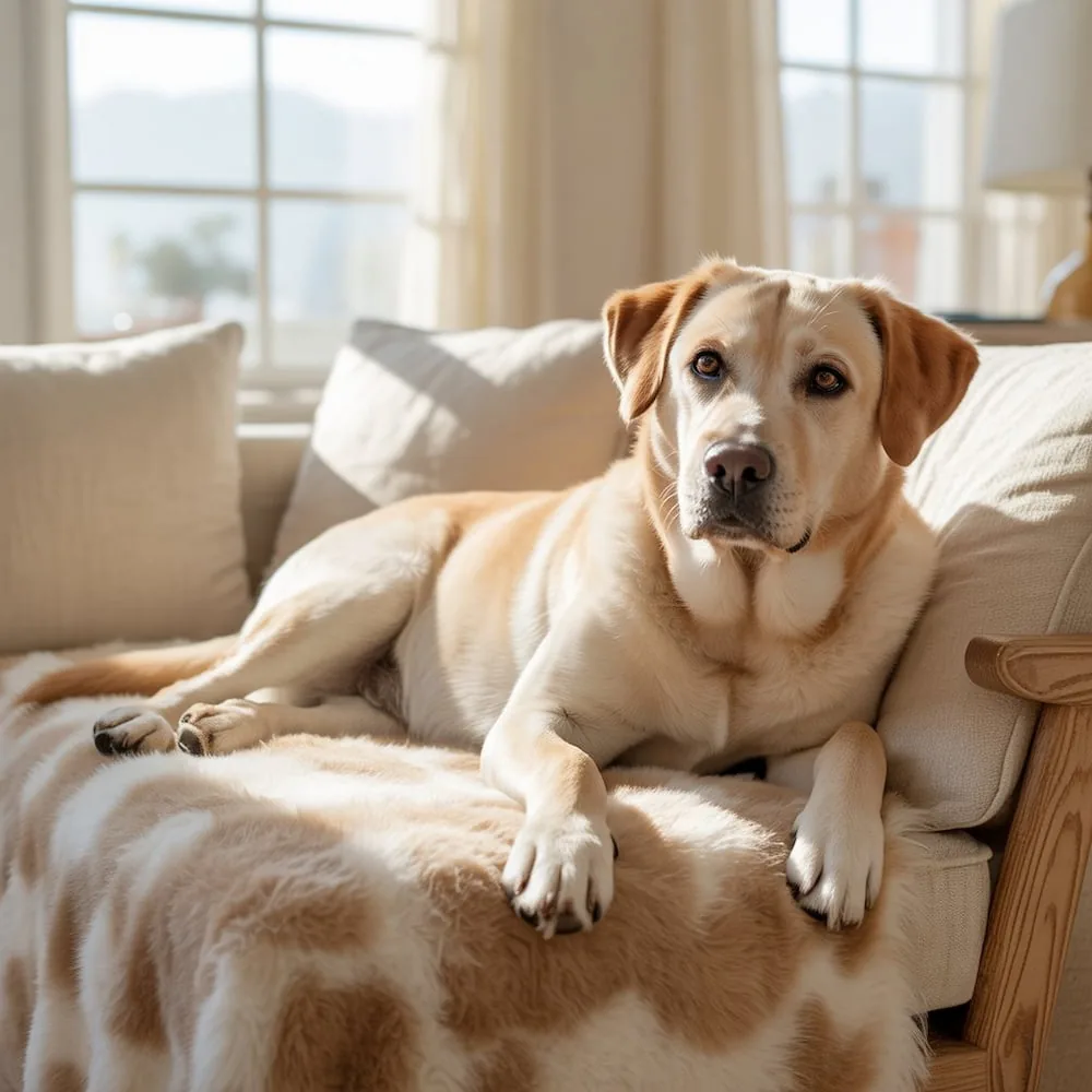Dog lying comfortably on a couch, resting