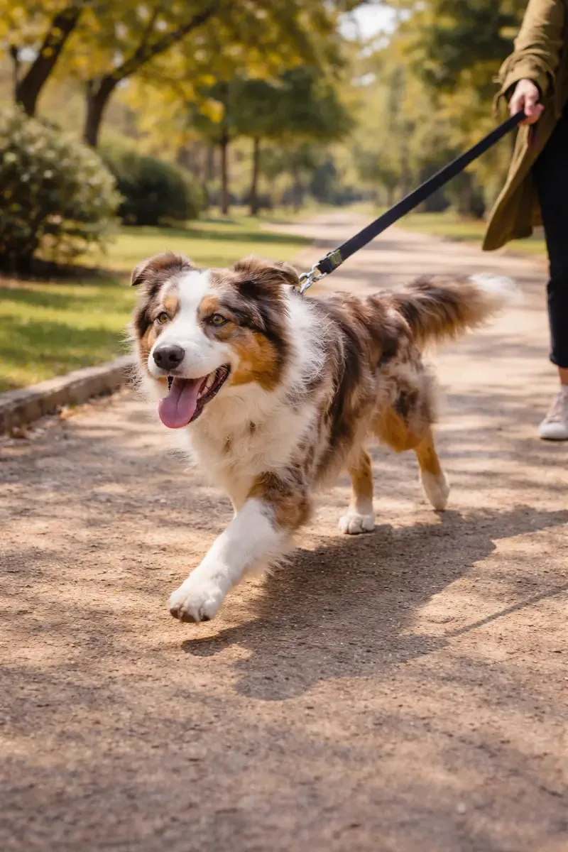 chien qui tire en laisse lors d’une promenade