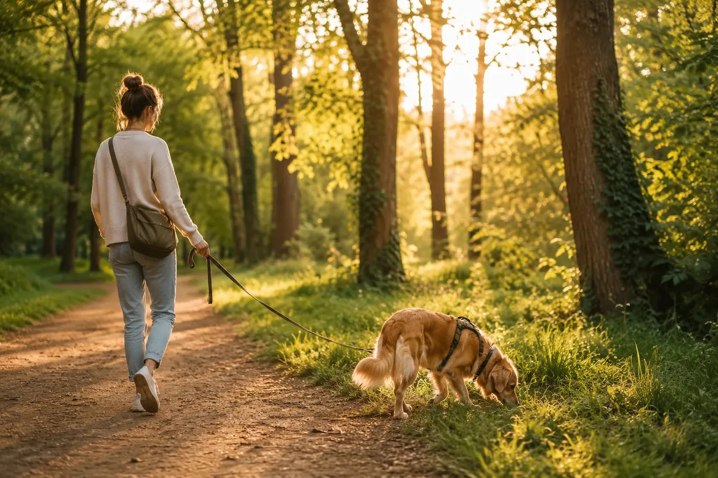 Woman walking her dog on a forest trail while it sniffs the ground