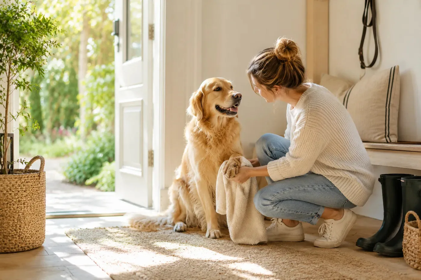 Woman cleaning her dog's paws after a walk in a bright entryway